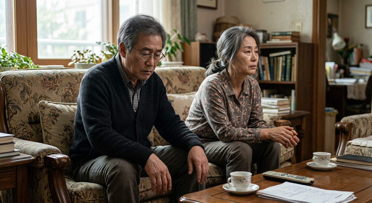 공원 벤치에서 적당한 거리를 두고 대화하는 중장년층