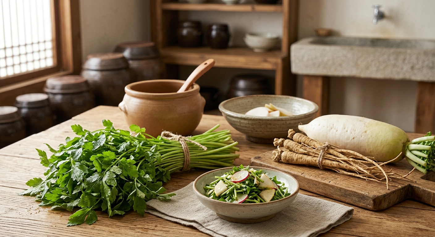 기관지 관리에 좋은 신선한 미나리 요리 이미지