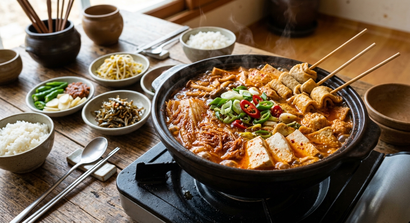 김치, 어묵, 두부, 대파 등 기본 재료로 준비한 김치찌개 구성