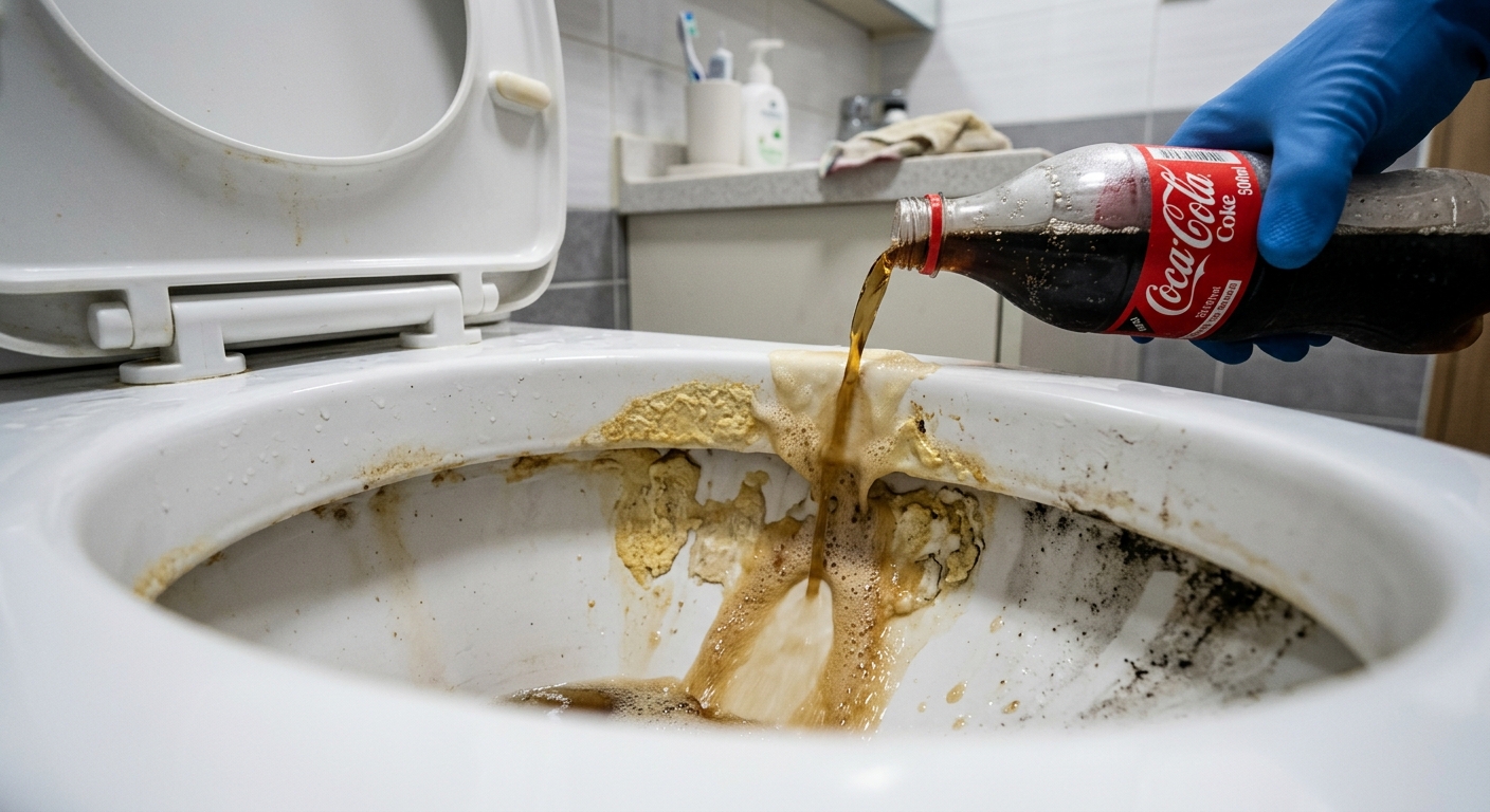 변기 물때와 요석 상태에 따라 콜라 청소 효과가 달라지는 비교 이미지