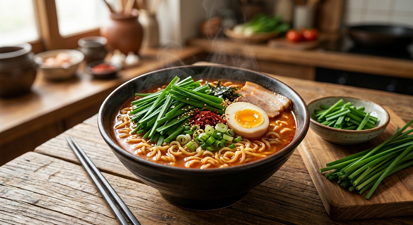 영양감을 더해주는 부추와 라면 재료가 놓인 주방 장면