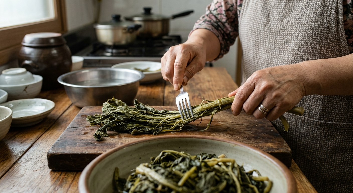긴 상태의 시래기 줄기를 먼저 손질하는 과정
