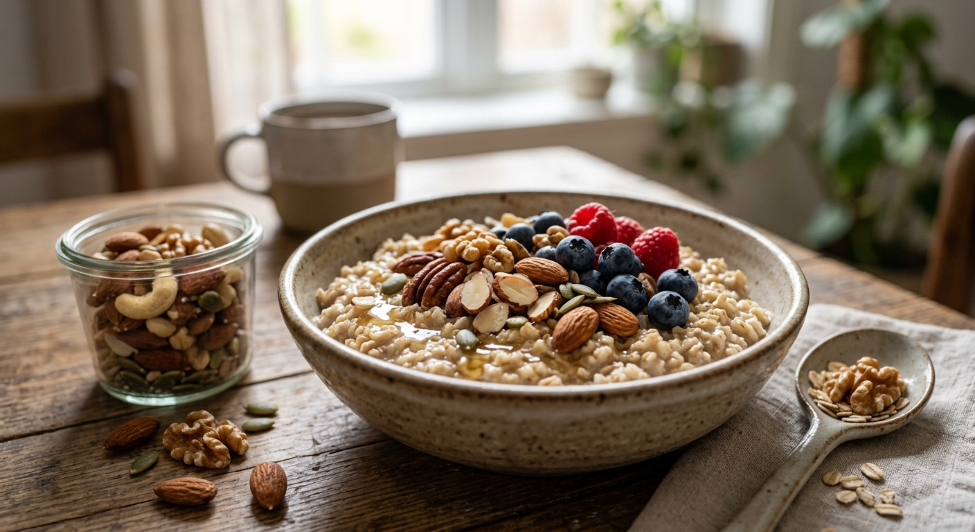 아몬드와 호두가 올려진 오트밀 볼의 건강한 아침 메뉴
