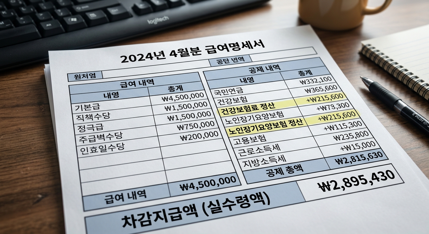 건강보험료와 장기요양보험료 등 급여명세서 공제 항목을 분석하는 장면