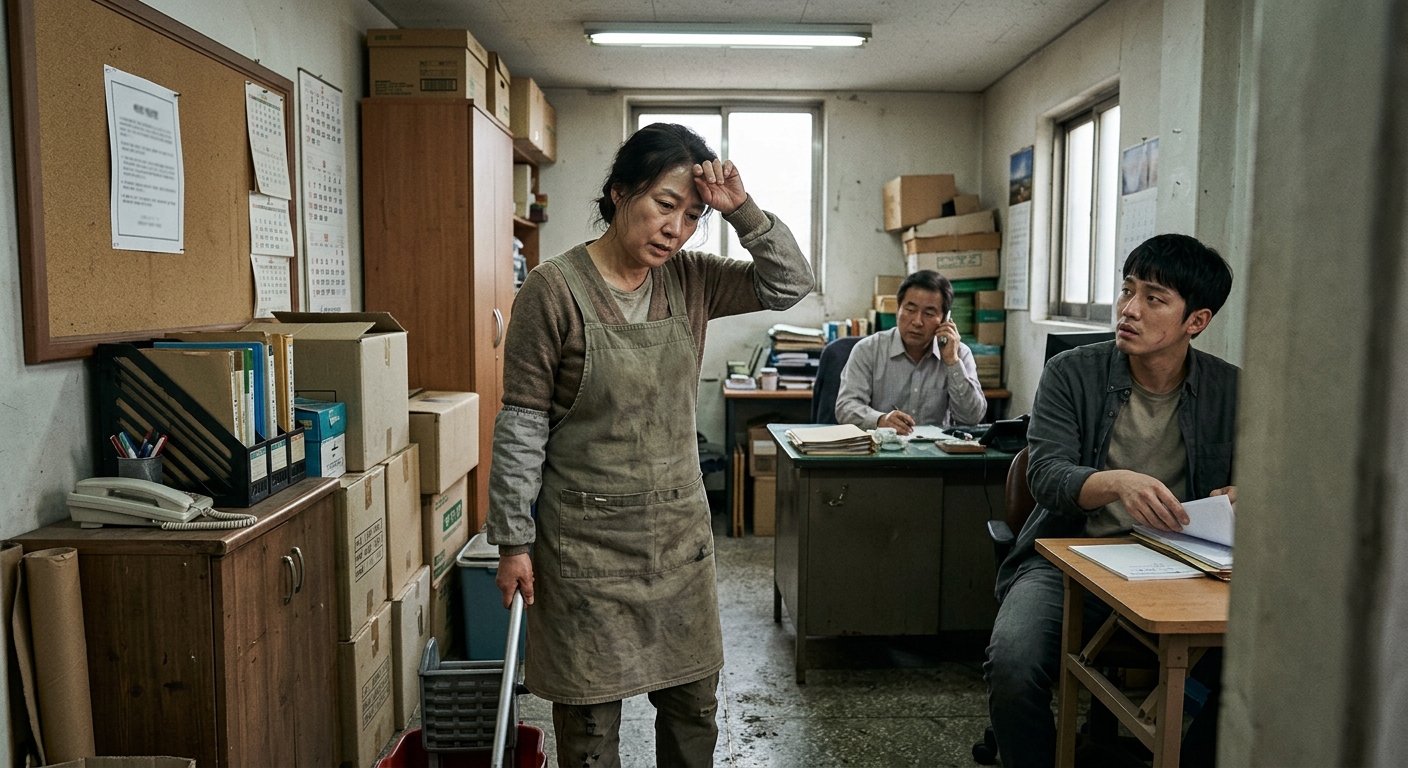 작은 사무실에서 스트레스를 느끼는 직장인과 긴장된 분위기의 장면