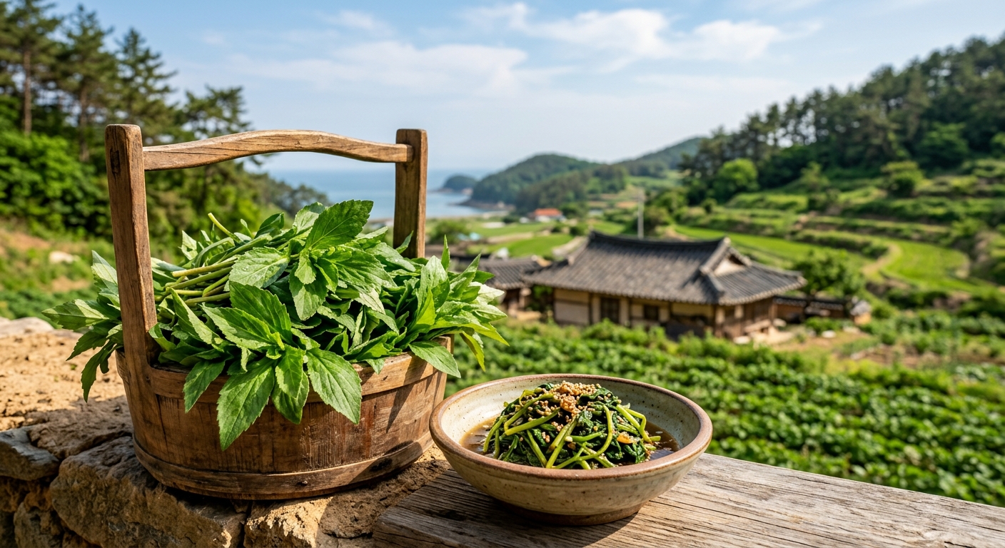 건강한 봄 식재료인 참취나물을 담은 접시