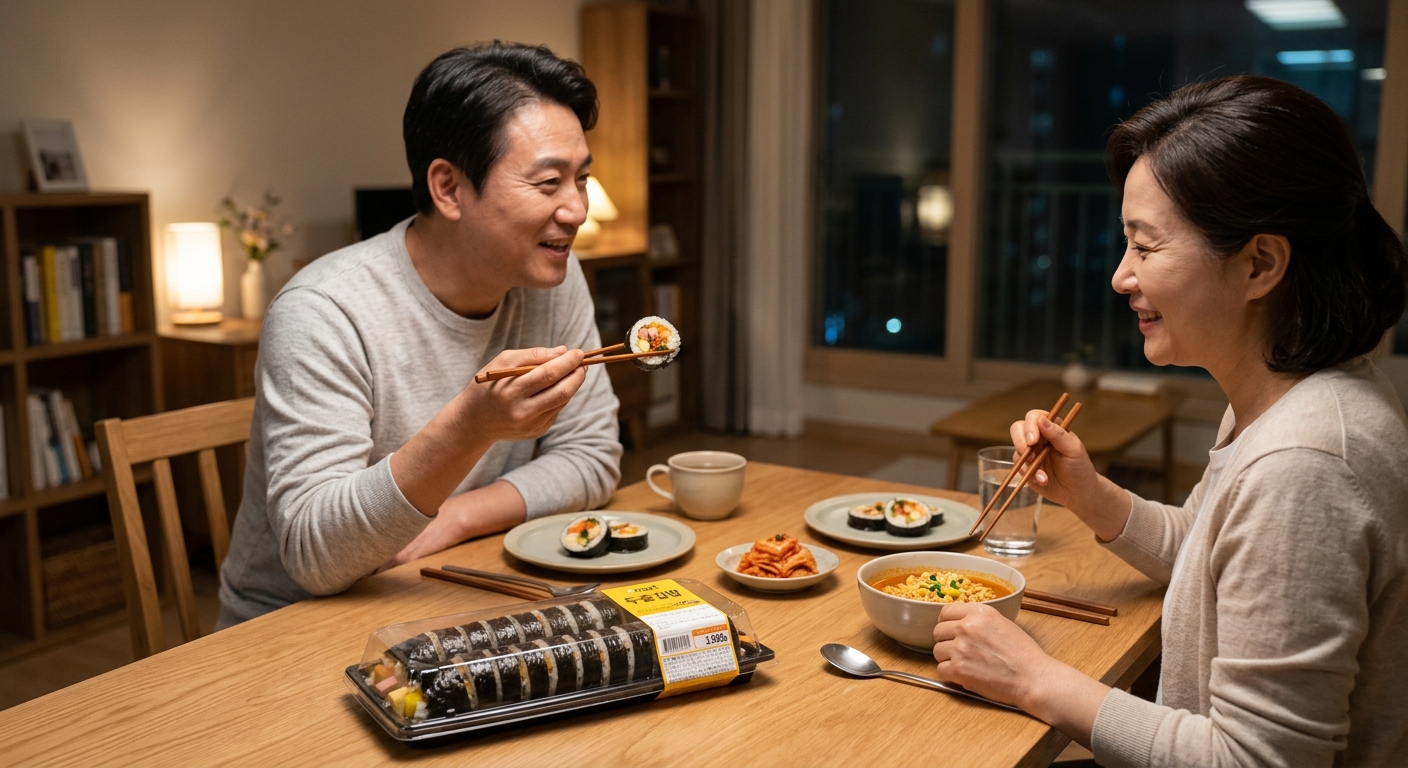 한 팩 김밥을 식사 대용으로 비교하며 살펴보는 실용적인 장면