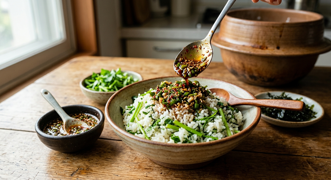 간장과 다진 마늘, 참기름, 깨로 만든 미나리밥용 양념장