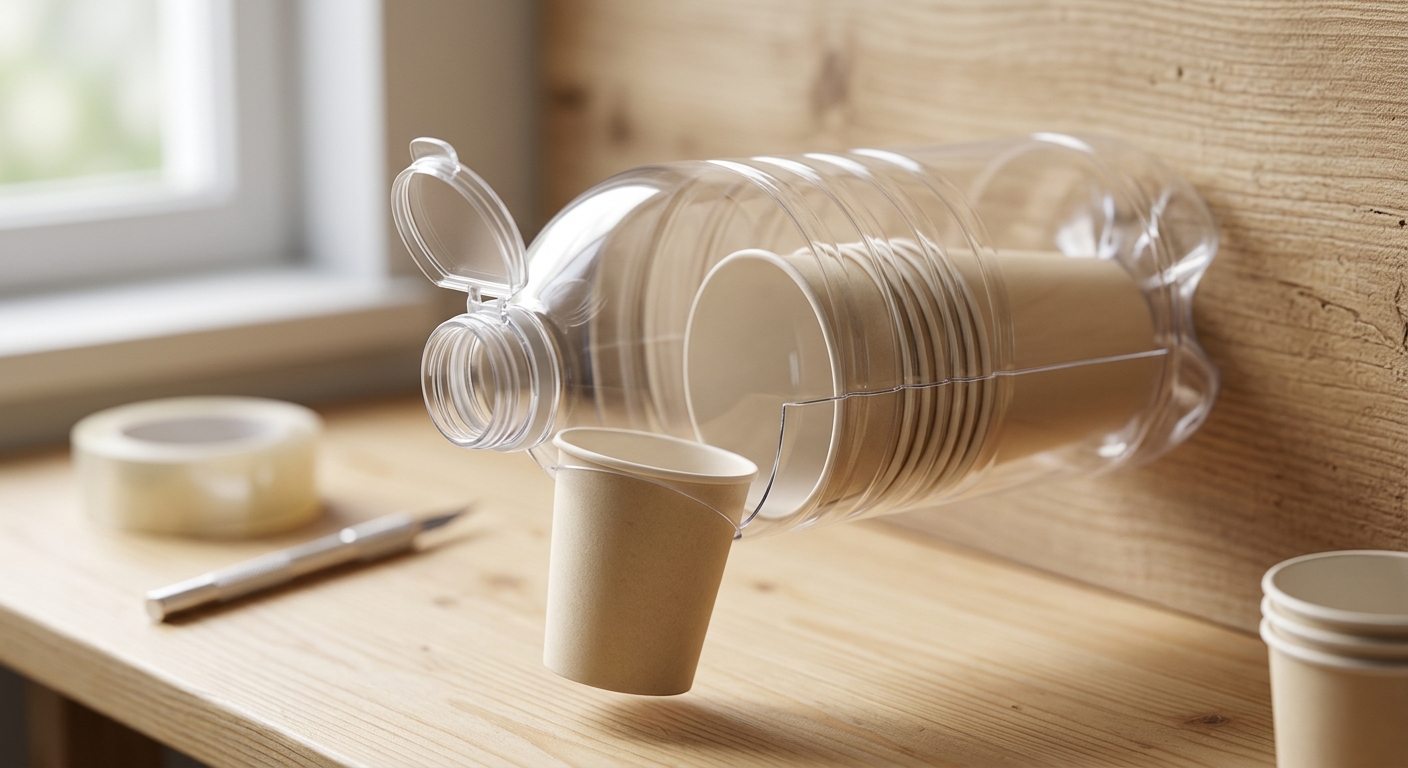 페트병 바닥 부분이 한쪽만 연결된 개폐식 뚜껑 형태로 절개된 모습