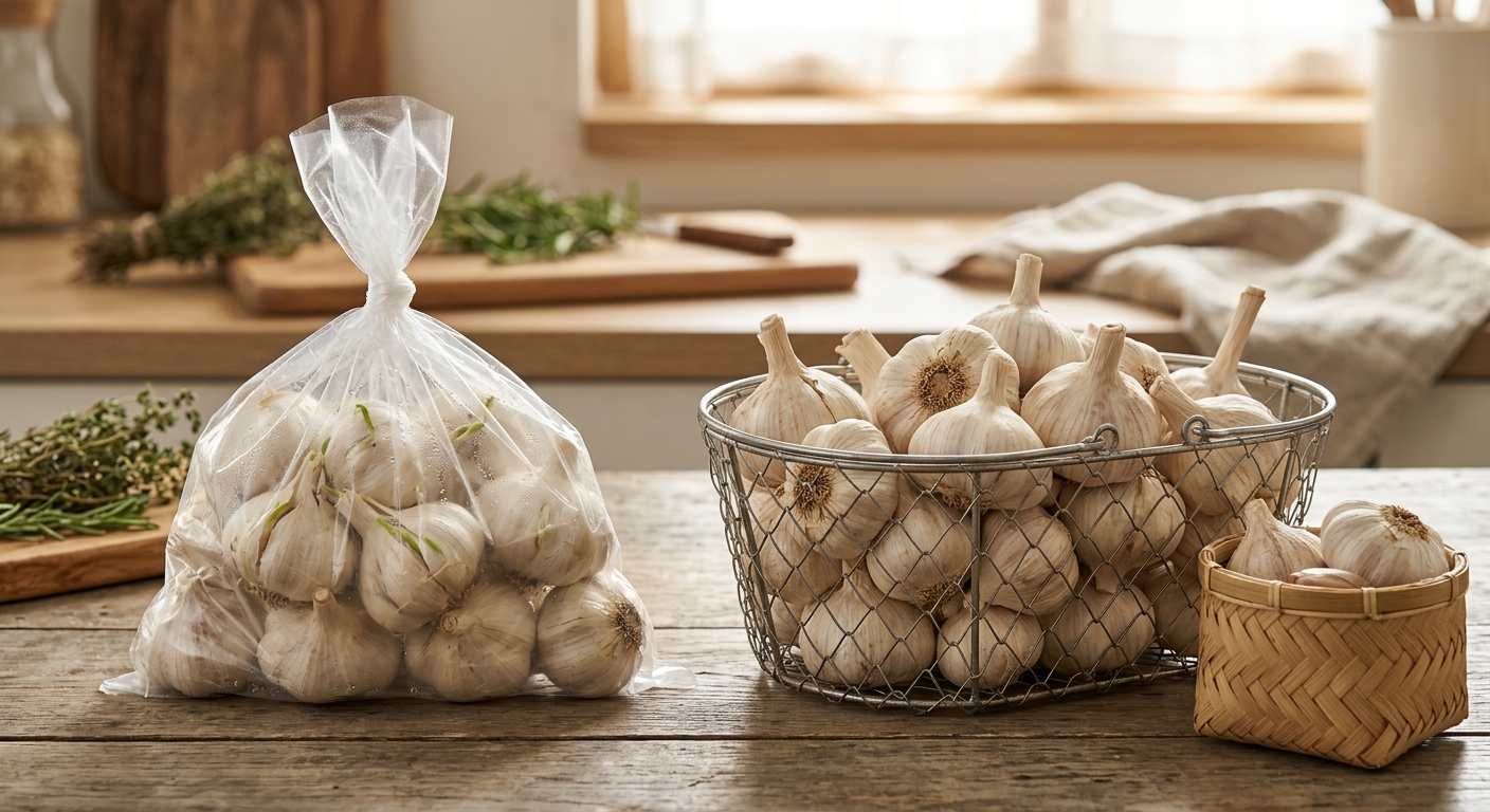 비닐봉지 대신 통풍 가능한 보관함에 담긴 통마늘의 모습