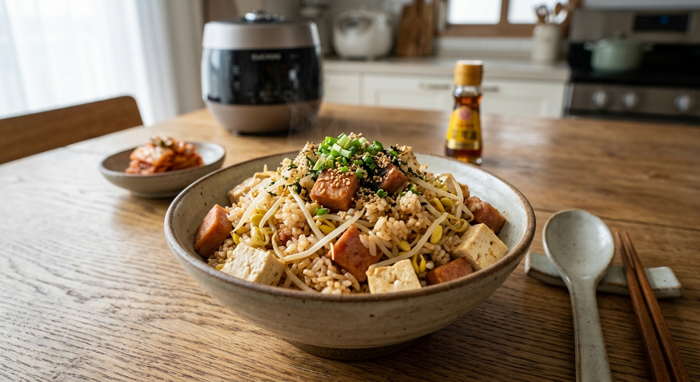 스팸 밥 위에 두부와 콩나물이 함께 섞여 있는 완성된 한 그릇