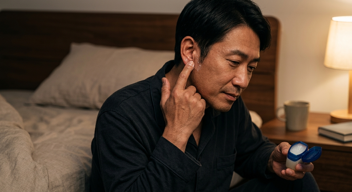 침실에서 편안한 표정으로 귀 주변을 마사지하며 휴식을 취하는 사람