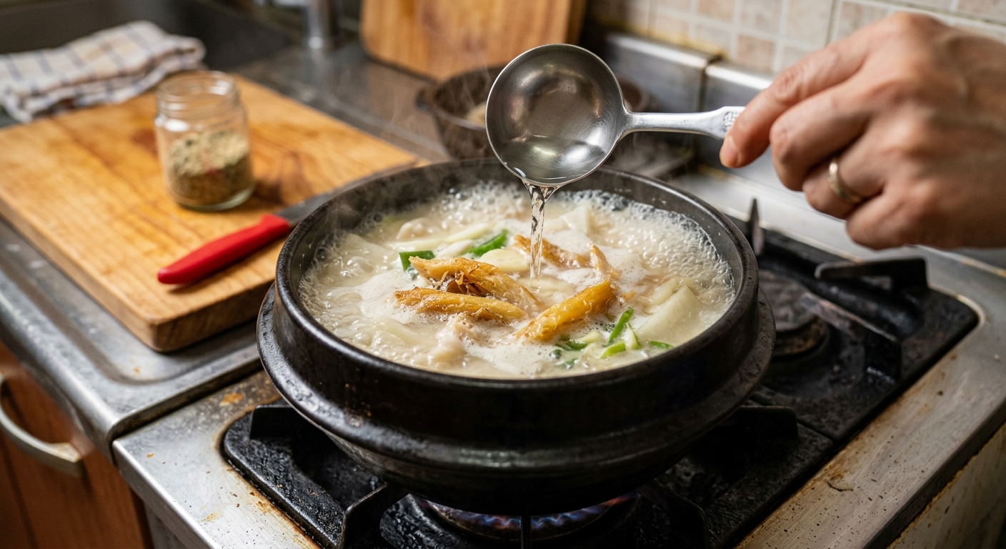 황태가 잠길 정도의 물만 넣고 끓이는 냄비 속 장면