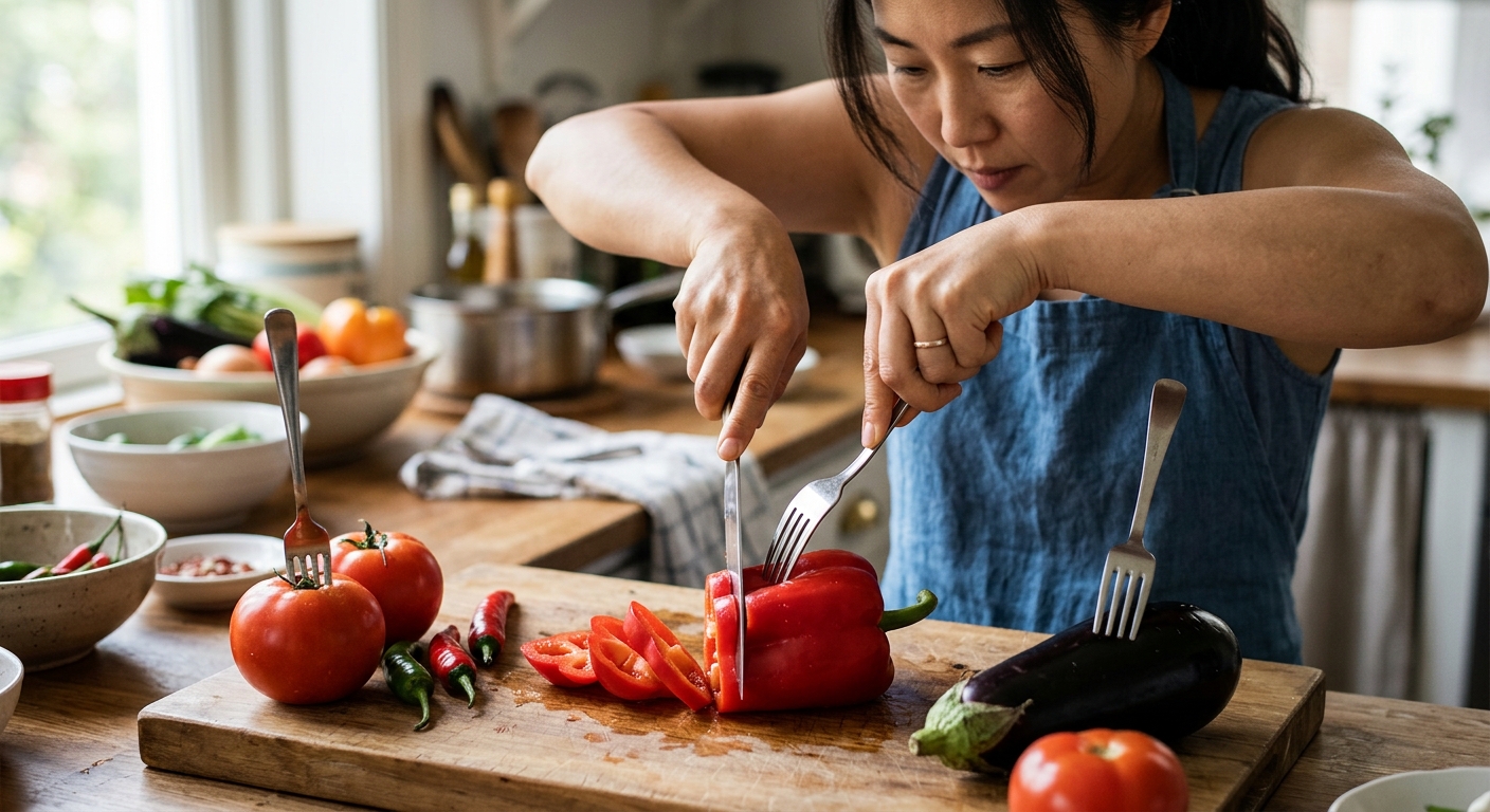 토마토와 파프리카를 포크로 고정해 안전하게 썰고 있는 모습