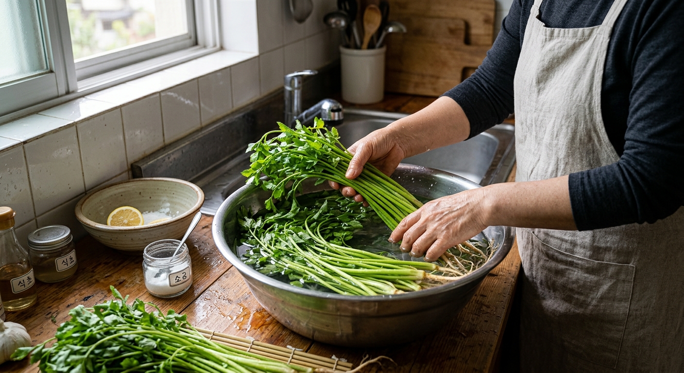 희석한 식초물에 잠시 담가 세척 중인 미나리