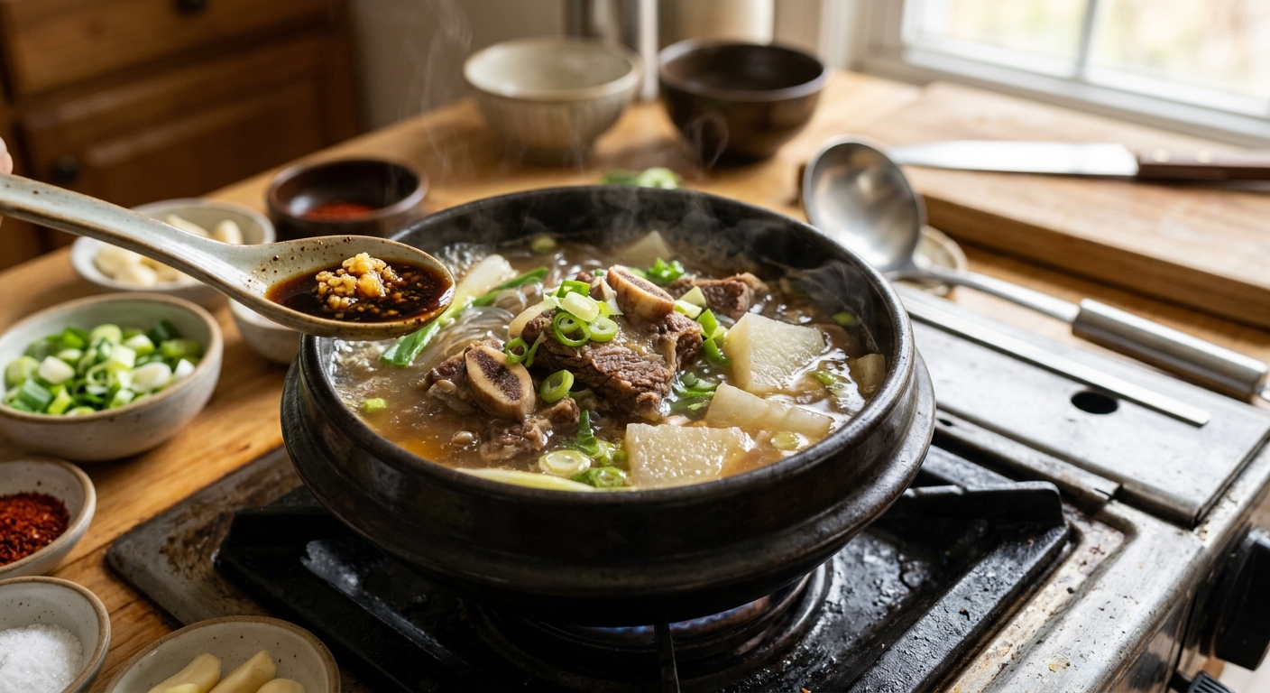 국물을 맛보며 간을 조절하는 갈비탕 조리 장면