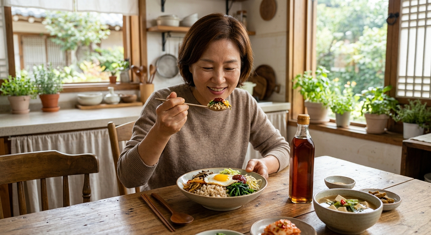 균형 잡힌 한식 식단과 함께 놓인 참기름 병의 따뜻한 식탁 장면