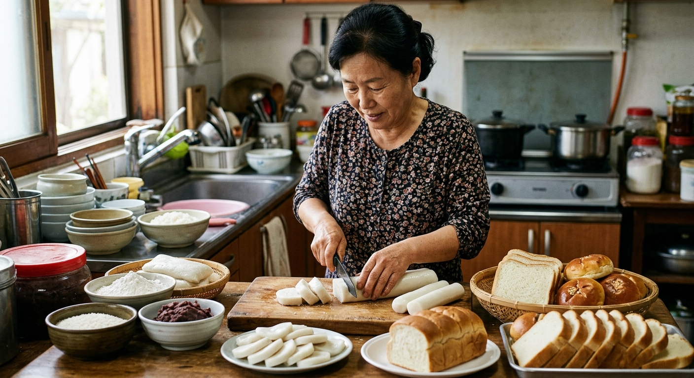 중장년층이 식탁에서 빵과 간식을 고민하는 모습