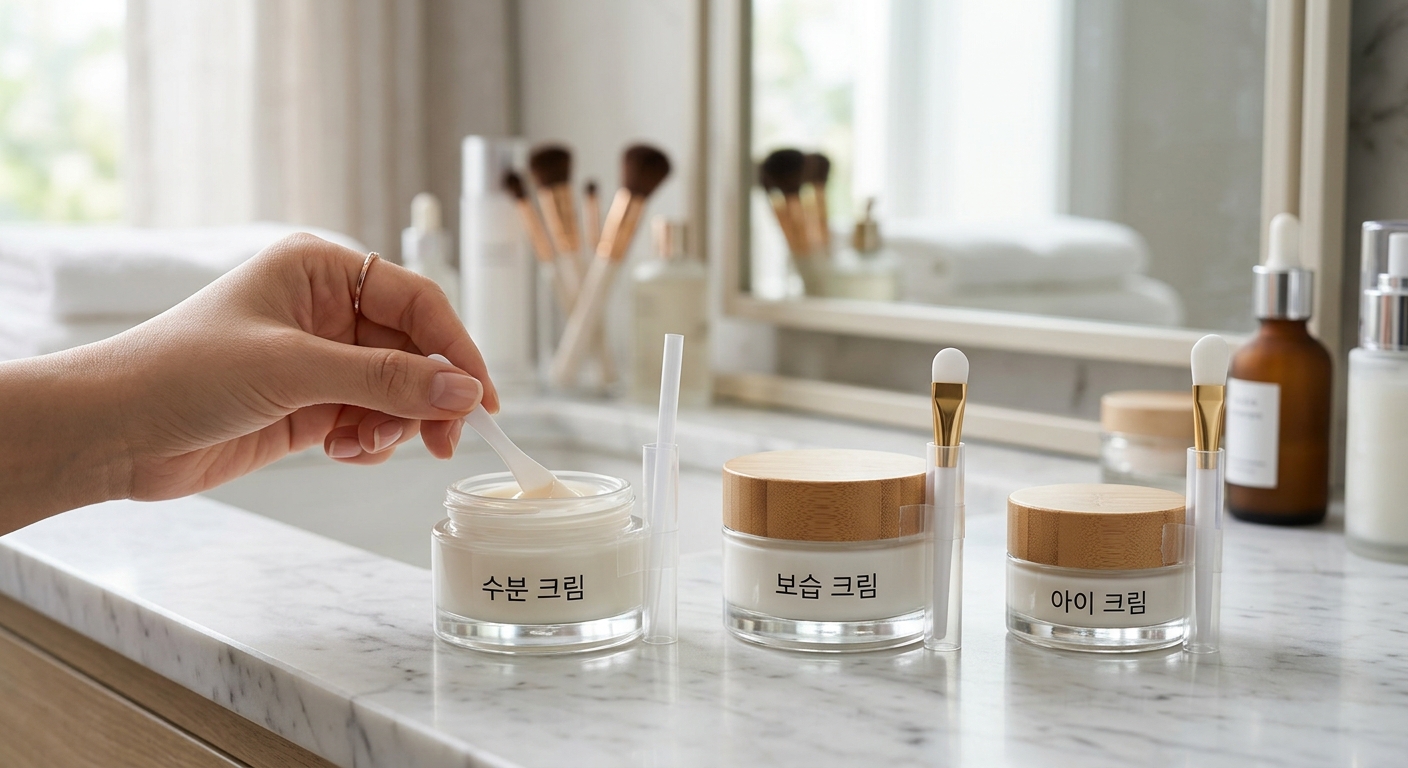 화장대 위에 깔끔하게 정리된 크림 통과 빨대형 스파츌라 보관대