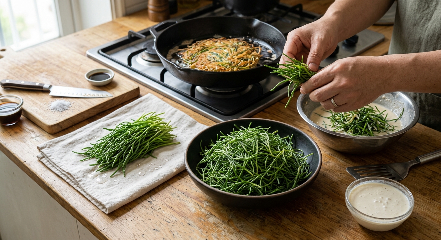 체에 밭쳐 물기를 빼는 세발나물 손질 장면