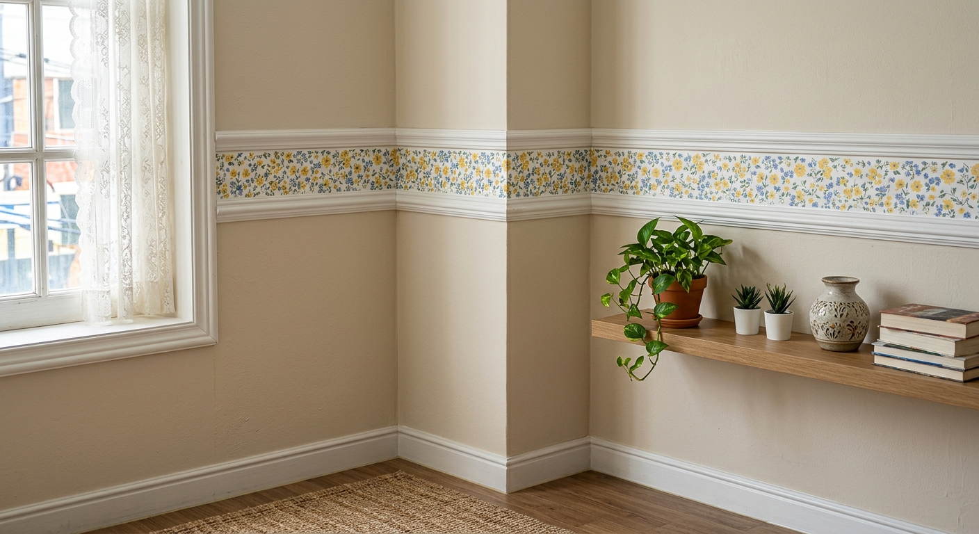 문틀과 벽 모서리에 띠벽지를 붙여 정리된 느낌을 준 인테리어 디테일