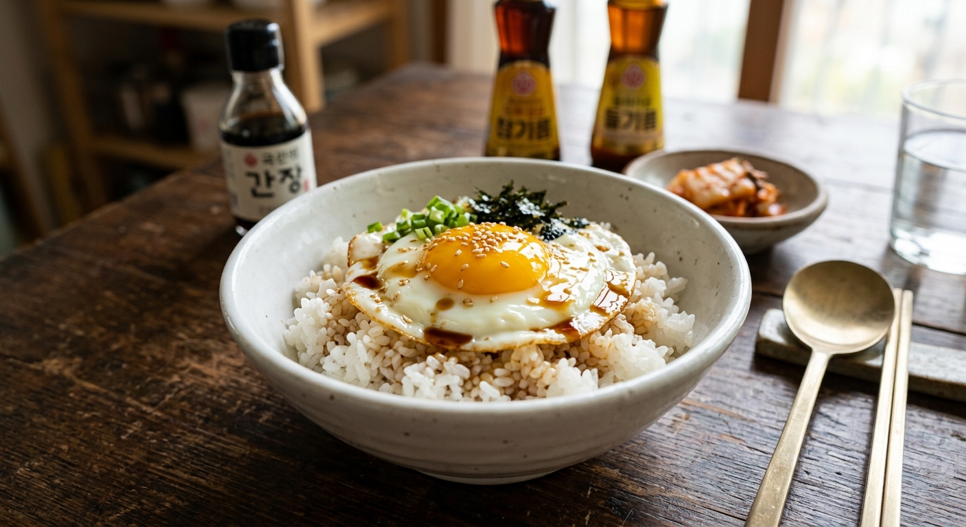 계란 비빔밥 위에 간장과 참기름을 더하는 장면