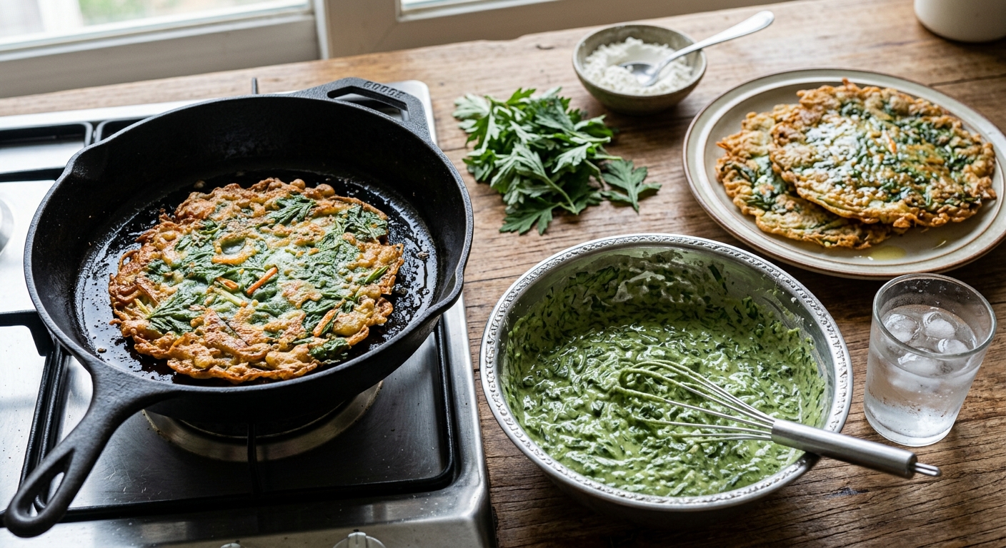 차가운 물로 만든 묽은 쑥전 반죽을 숟가락으로 들어 올린 모습