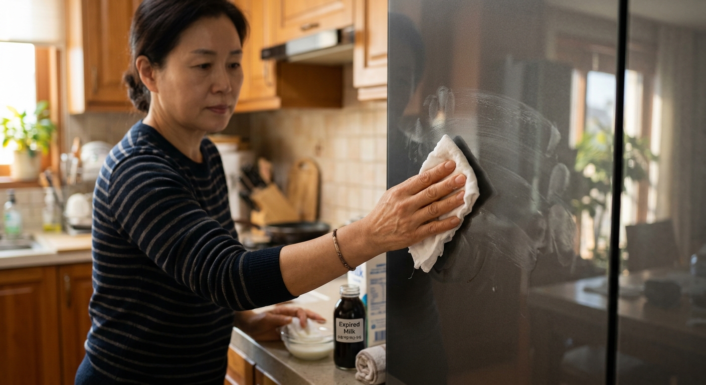 냉장고 외관의 손때를 천으로 닦는 생활 청소 장면