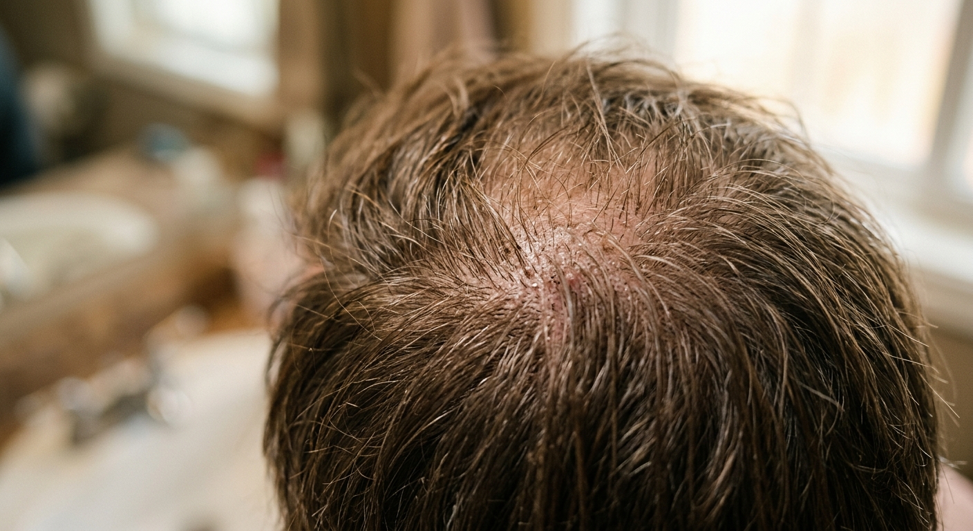 정수리 부위를 확인하며 두피 상태를 살피는 사람의 모습