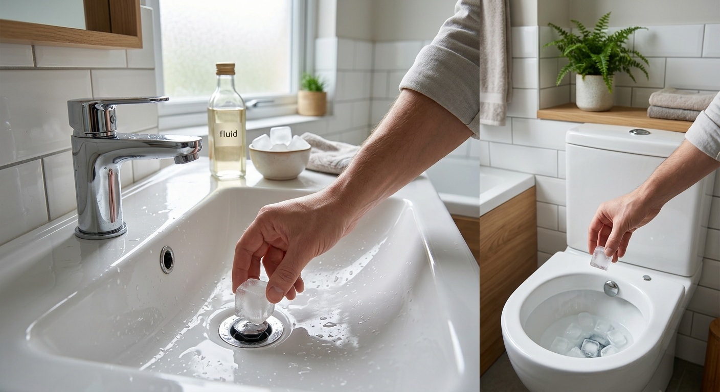 욕실 배수구 옆에 놓인 식초 얼음과 깨끗한 세면대 모습