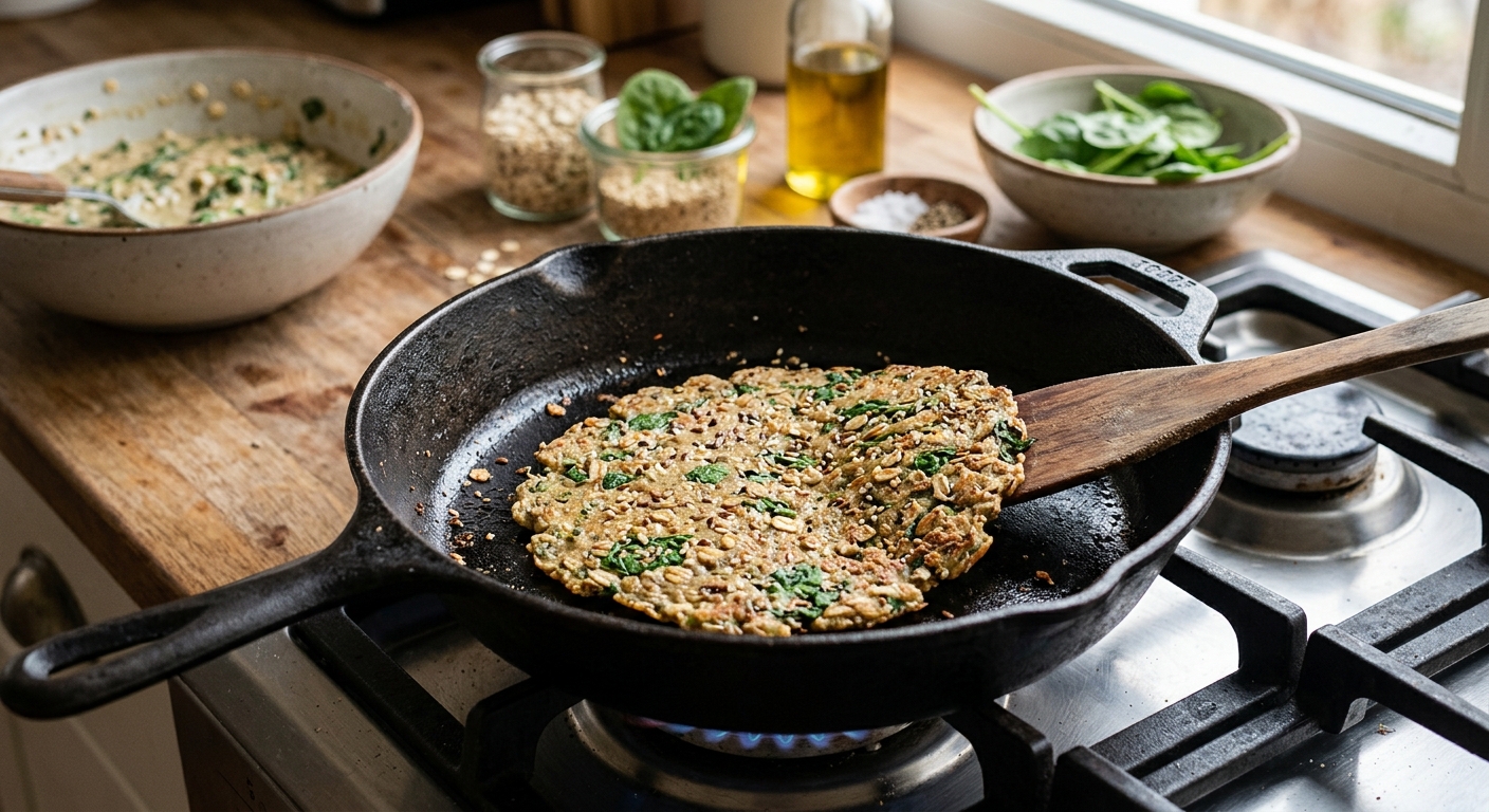 프라이팬에서 초록빛 오트밀 시금치 반죽을 얇게 부치고 있는 모습