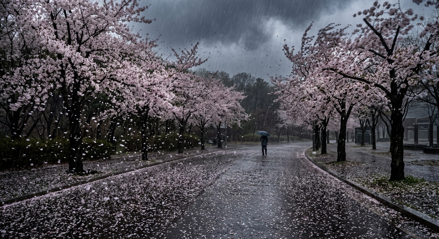 강한 바람과 비로 벚꽃잎이 떨어지는 봄 산책로