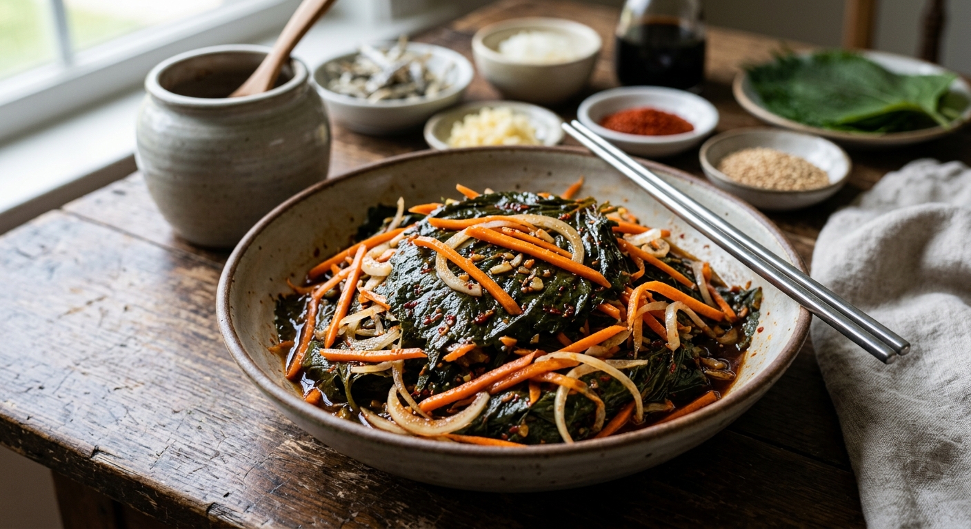 채 썬 당근과 양파를 넣어 깻잎을 차곡차곡 담는 장면