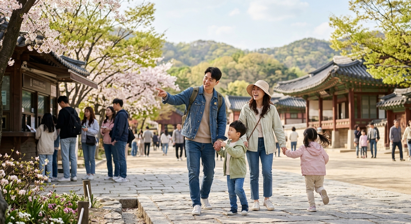 봄 풍경 속 관광지와 케이블카를 이용하는 예비군 여행객