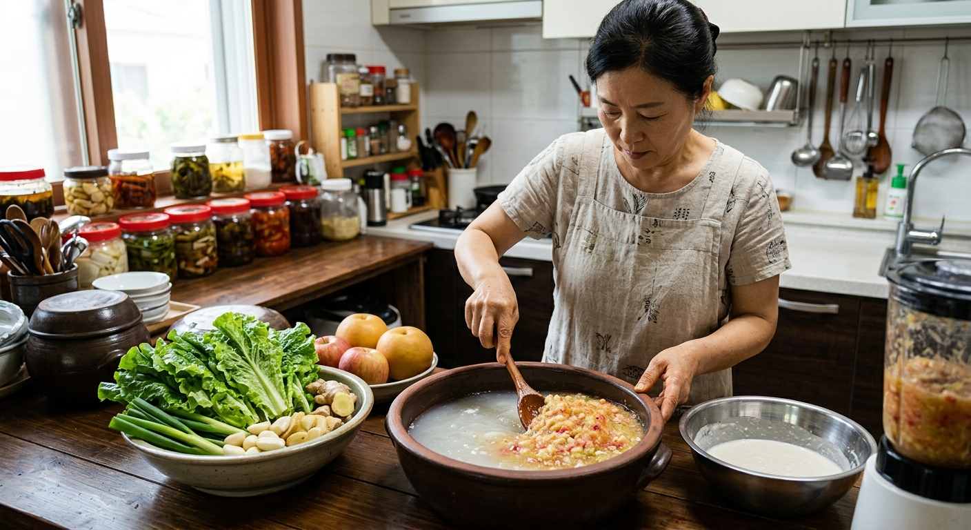 믹서기에 사과 배 양파 고추를 넣고 물김치 양념을 만드는 모습