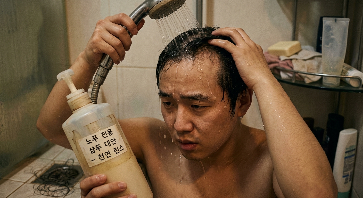 다양한 샴푸 제품이 놓인 욕실 선반과 두피 관리 도구