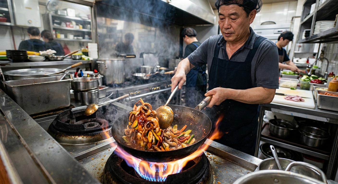 강불로 예열된 팬 위에 기름을 두른 조리 준비 장면