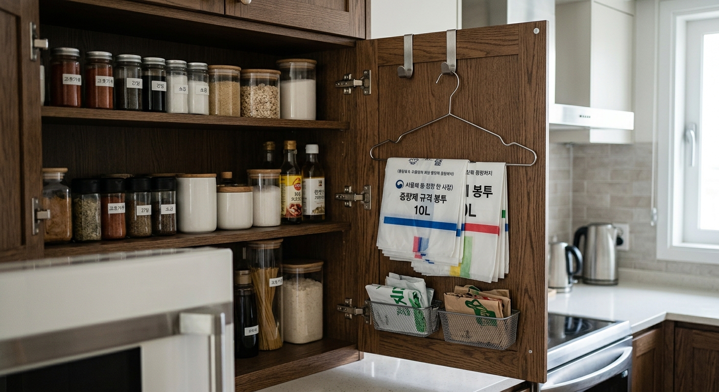 주방 찬장 문을 열었을 때 안쪽에 종량제 봉투가 정리되어 걸려 있는 장면