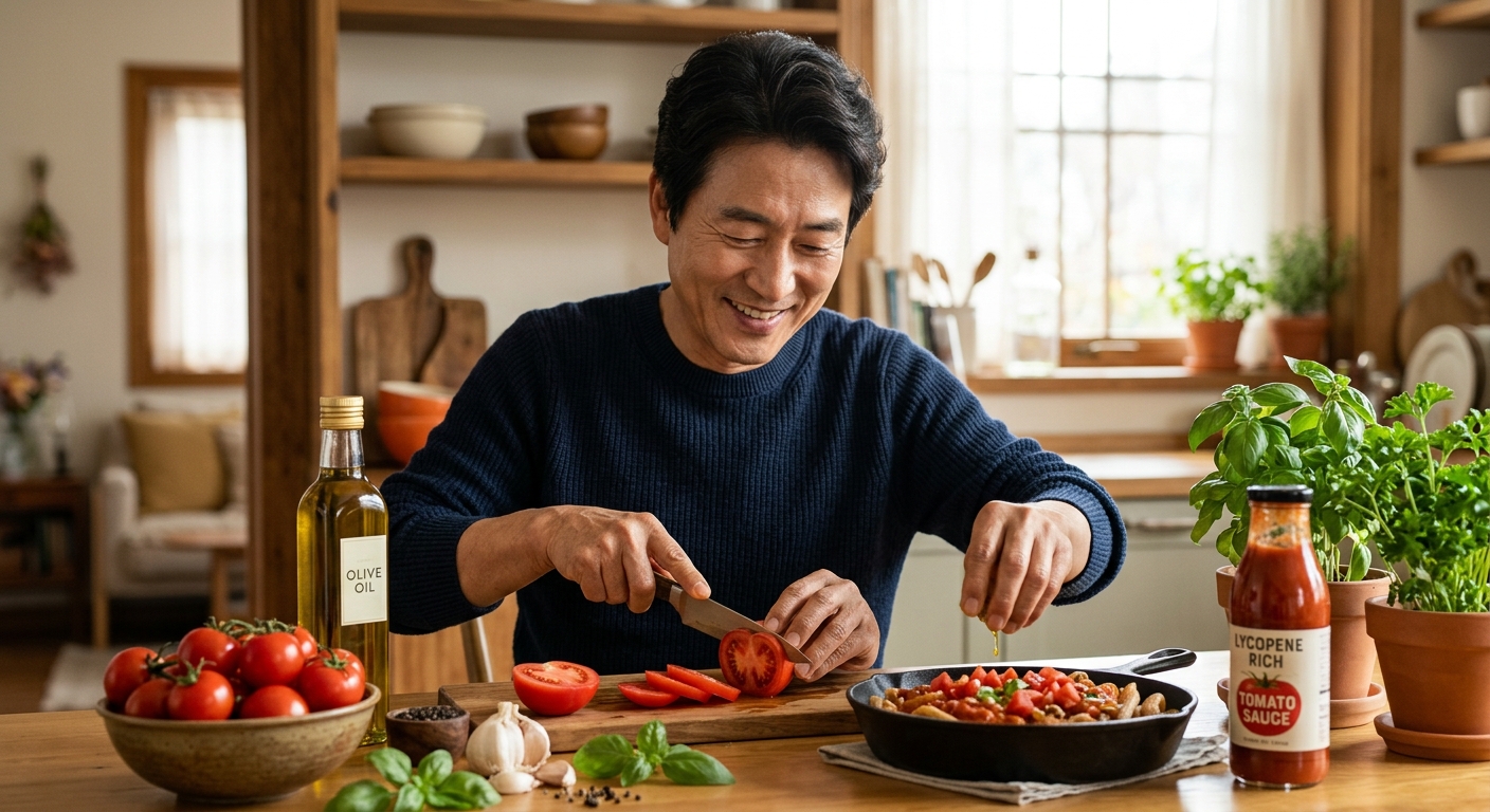 올리브오일과 토마토가 함께 놓인 심혈관 친화 식단 이미지
