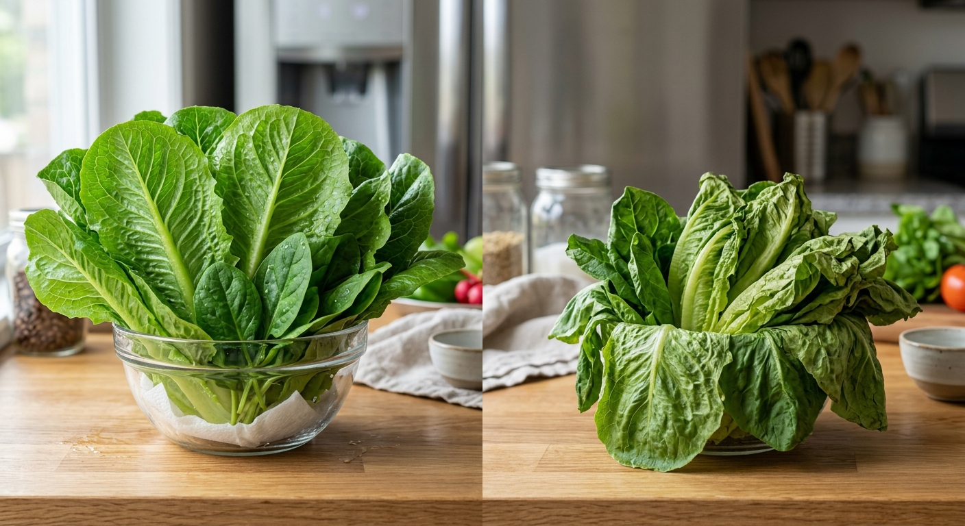 키친타월을 넣은 용기에 상추와 시금치를 보관하는 모습