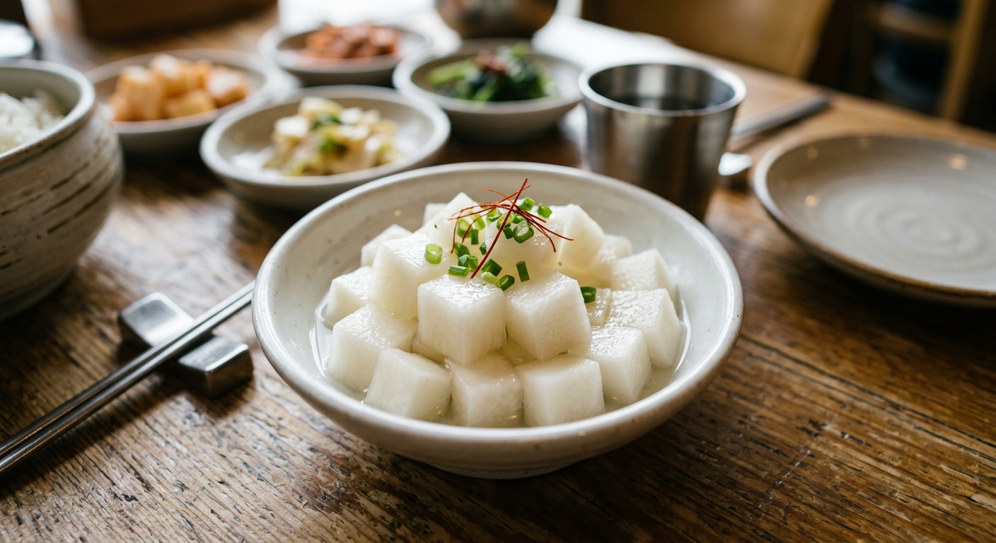 신선한 무와 절여진 치킨무가 함께 놓인 식재료 이미지