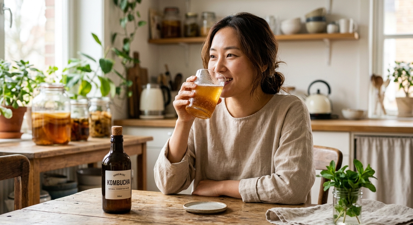 식사 옆에 놓인 작은 잔의 콤부차와 적정 섭취를 표현한 이미지
