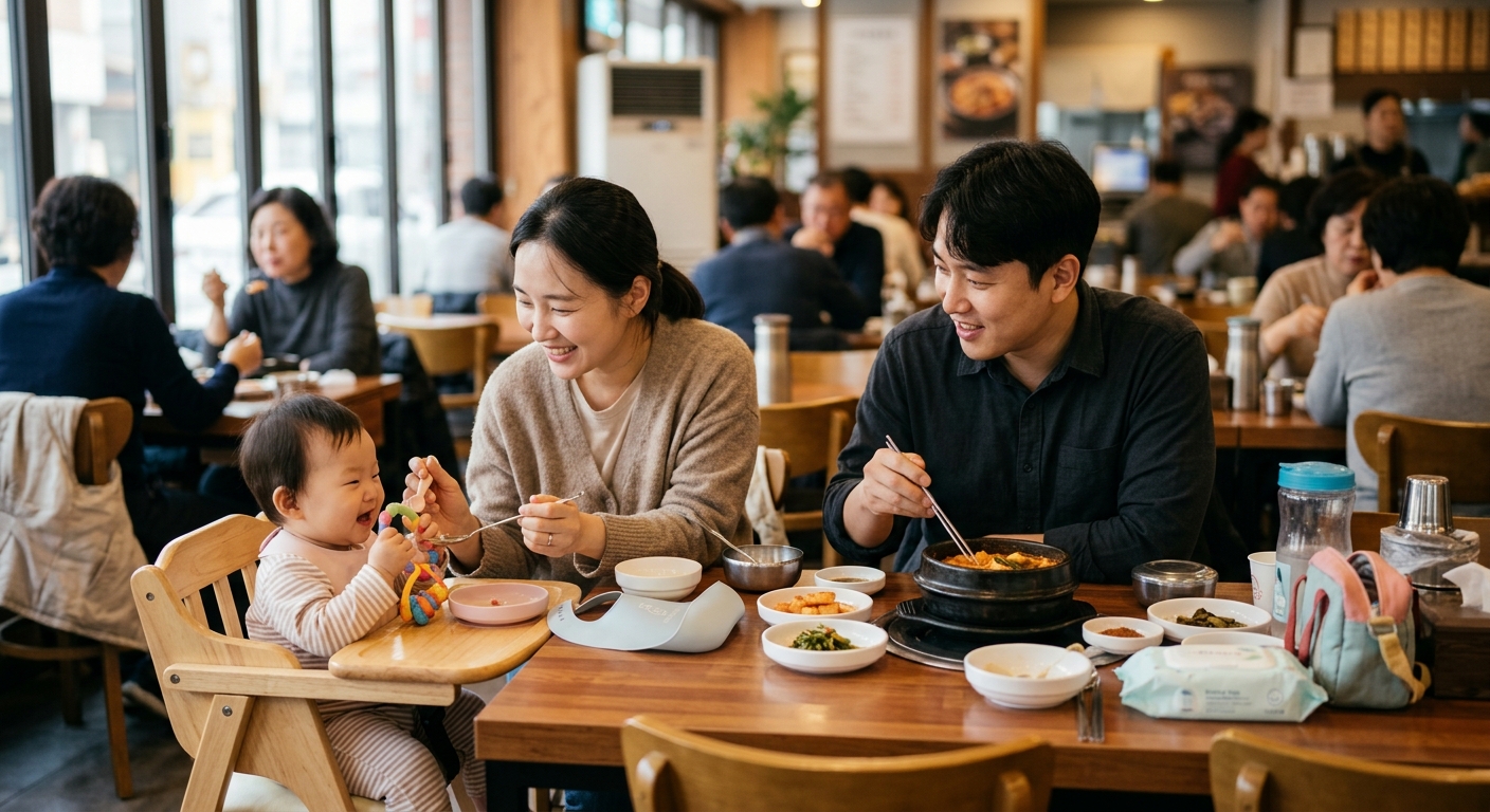 아기와 식당에 가기 전 장난감과 물티슈를 준비하는 보호자