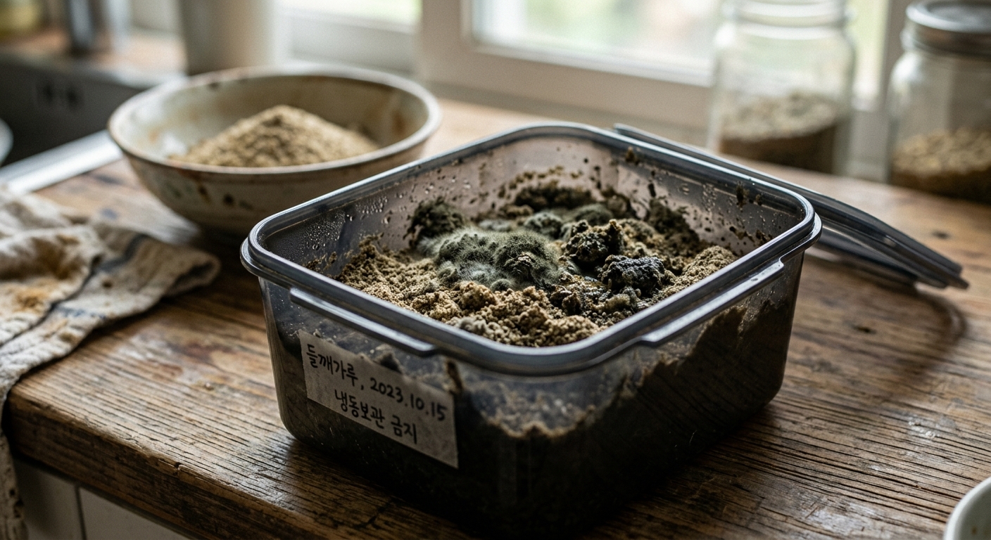 숟가락 위 들깨가루의 색과 질감을 확인하는 클로즈업