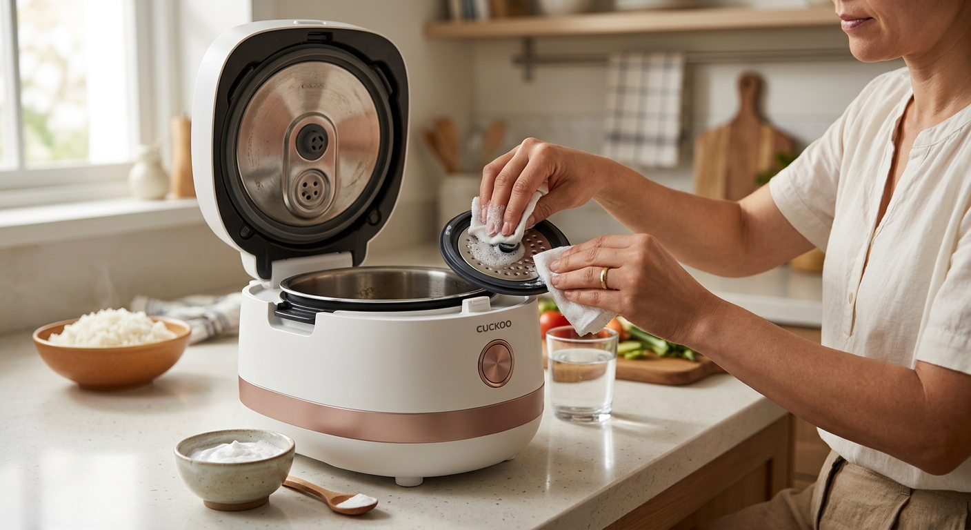 전기밥솥 증기 배출구를 청소용 핀으로 관리하는 장면