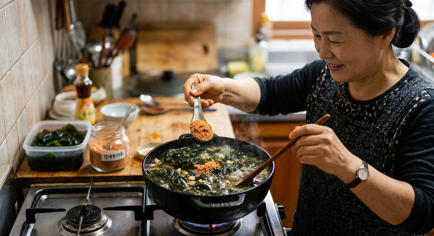 냄비에서 미역을 볶으며 건새우가루를 넣는 모습