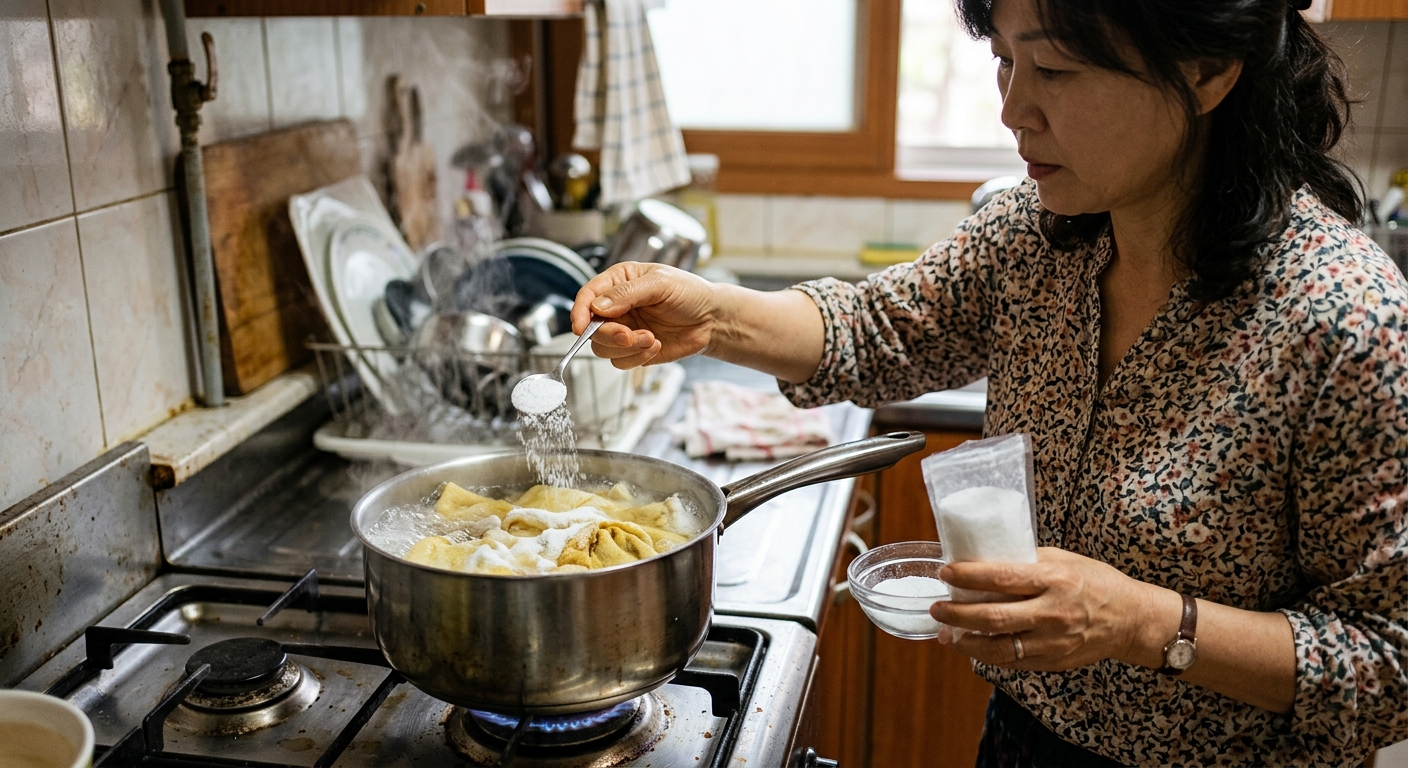 행주 세척을 위해 과탄산소다를 준비한 주방 작업대 모습