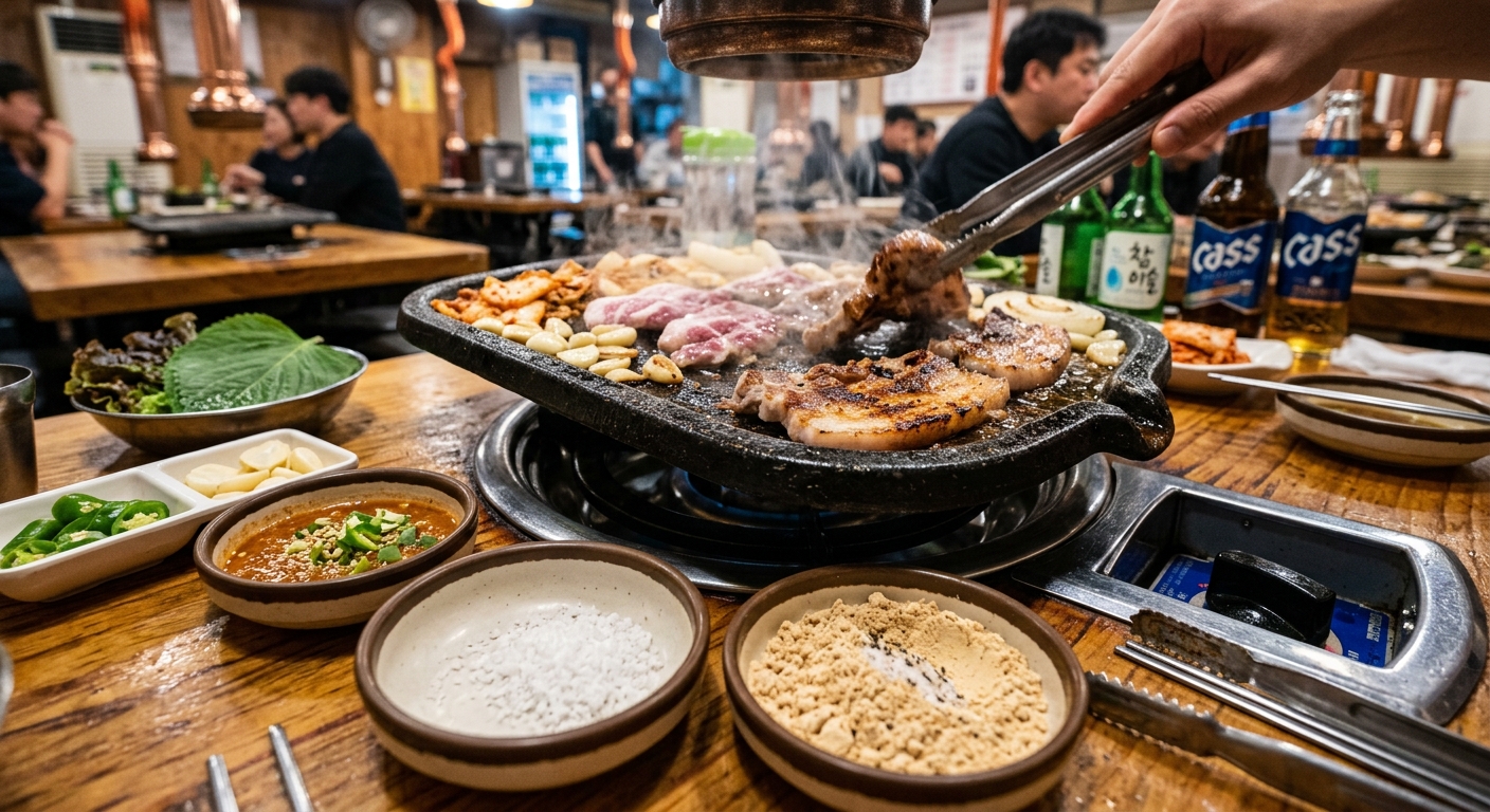 노릇하게 익어 겉면이 바삭해 보이는 삼겹살이 불판 위에서 구워지는 모습