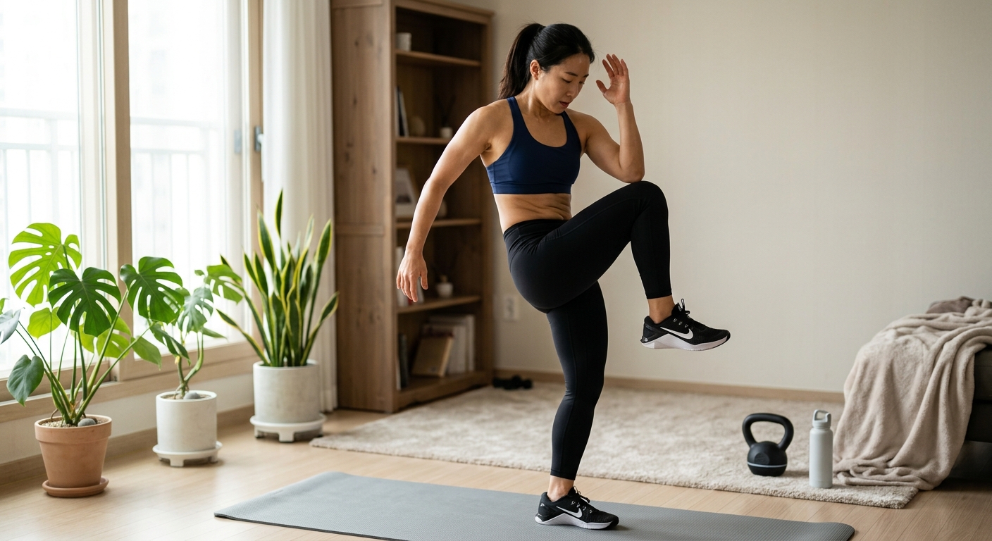 한쪽 무릎을 들고 반대쪽 팔꿈치를 가까이 가져가는 스탠딩 코어 운동 모습