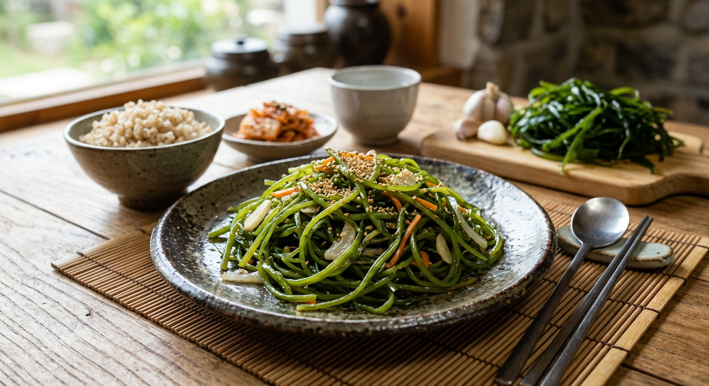 집밥 상차림 위에 놓인 미역줄기 반찬과 다양한 채소 반찬